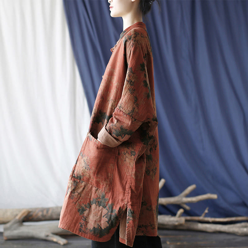 Nimara Ritual Orange Peony Flower Frog-Button Open Front Jacket With Pockets