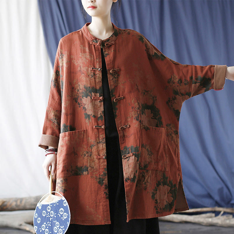 Nimara Ritual Orange Peony Flower Frog-Button Open Front Jacket With Pockets