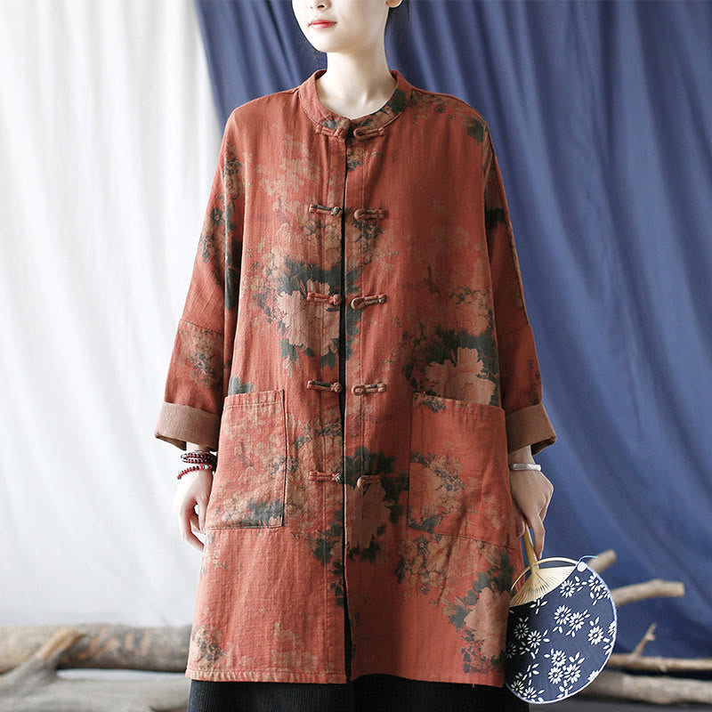 Nimara Ritual Orange Peony Flower Frog-Button Open Front Jacket With Pockets