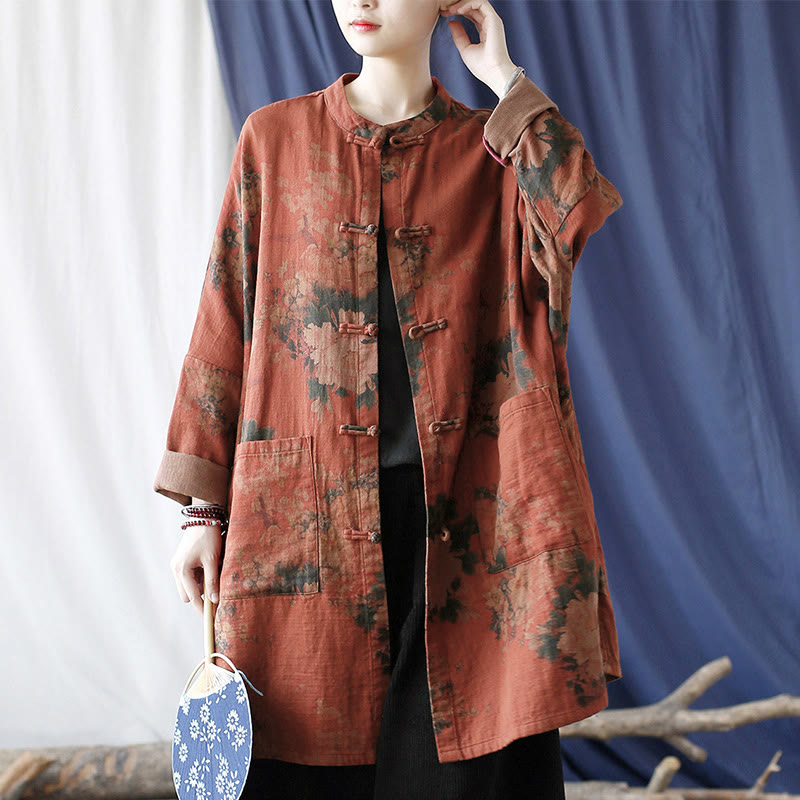 Nimara Ritual Orange Peony Flower Frog-Button Open Front Jacket With Pockets