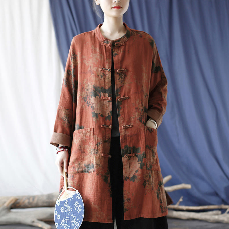 Nimara Ritual Orange Peony Flower Frog-Button Open Front Jacket With Pockets