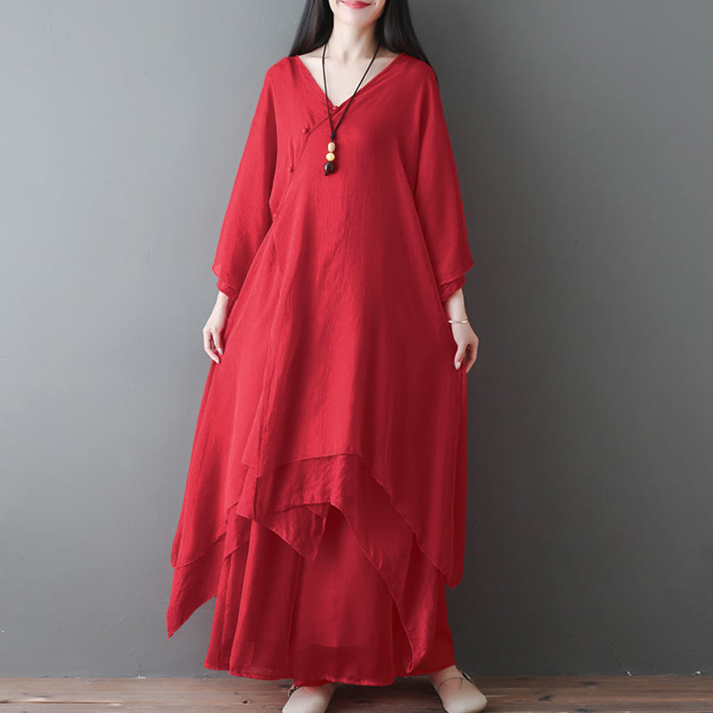 Nimara Ritual V-Neck Midi Tunic Dress Wide Leg Pants Meditation Zen Practice Dance Clothing