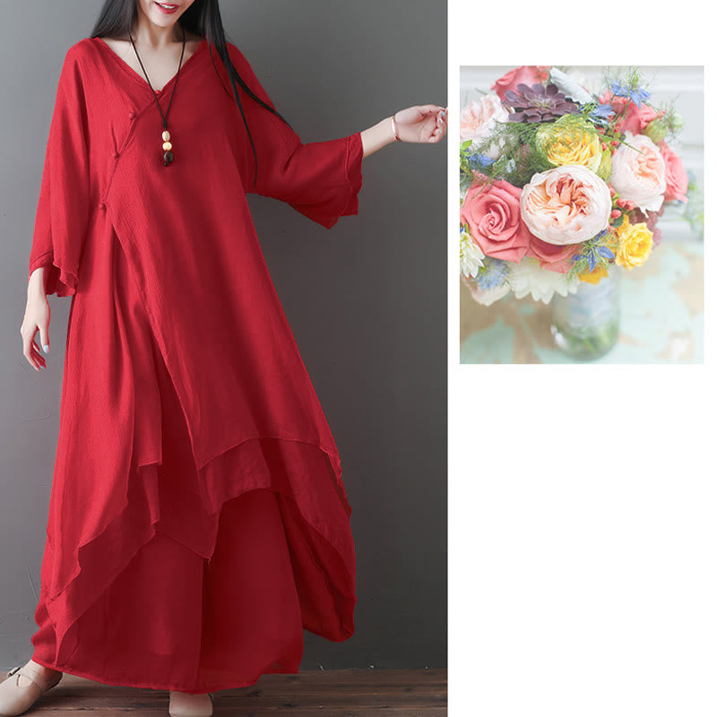 Nimara Ritual V-Neck Midi Tunic Dress Wide Leg Pants Meditation Zen Practice Dance Clothing