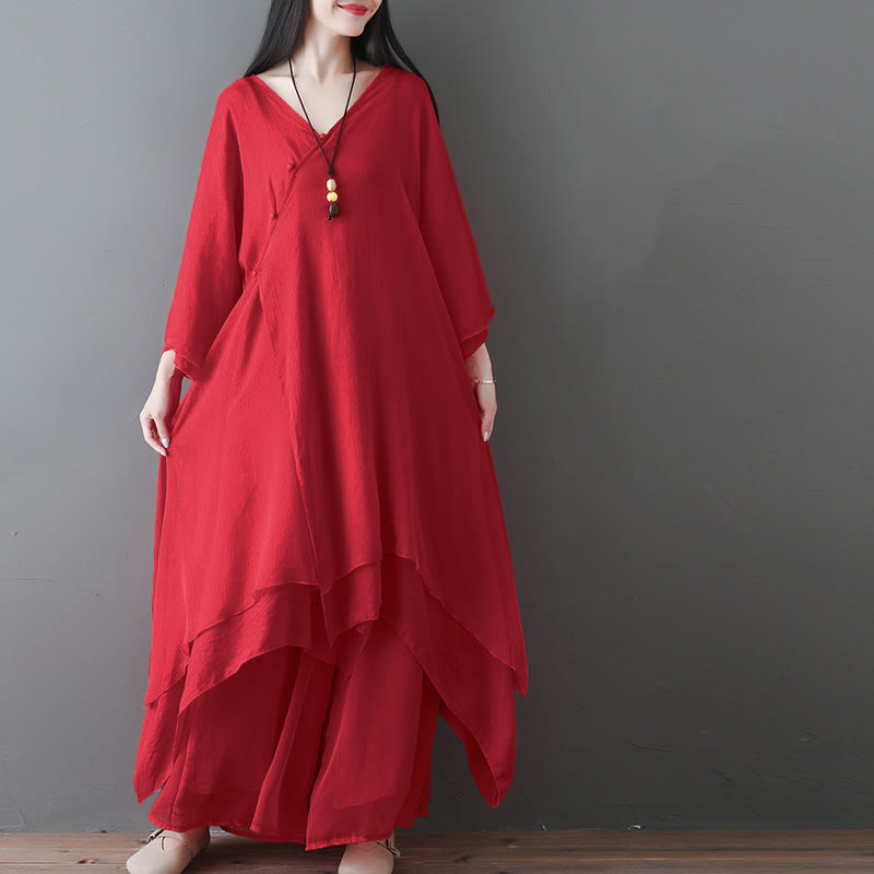 Nimara Ritual V-Neck Midi Tunic Dress Wide Leg Pants Meditation Zen Practice Dance Clothing