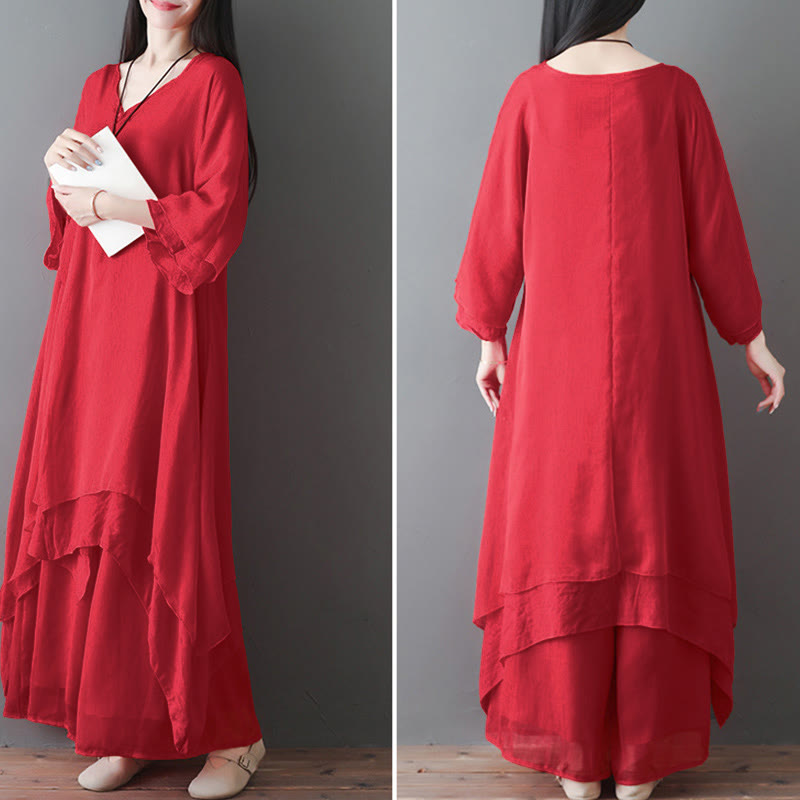 Nimara Ritual V-Neck Midi Tunic Dress Wide Leg Pants Meditation Zen Practice Dance Clothing