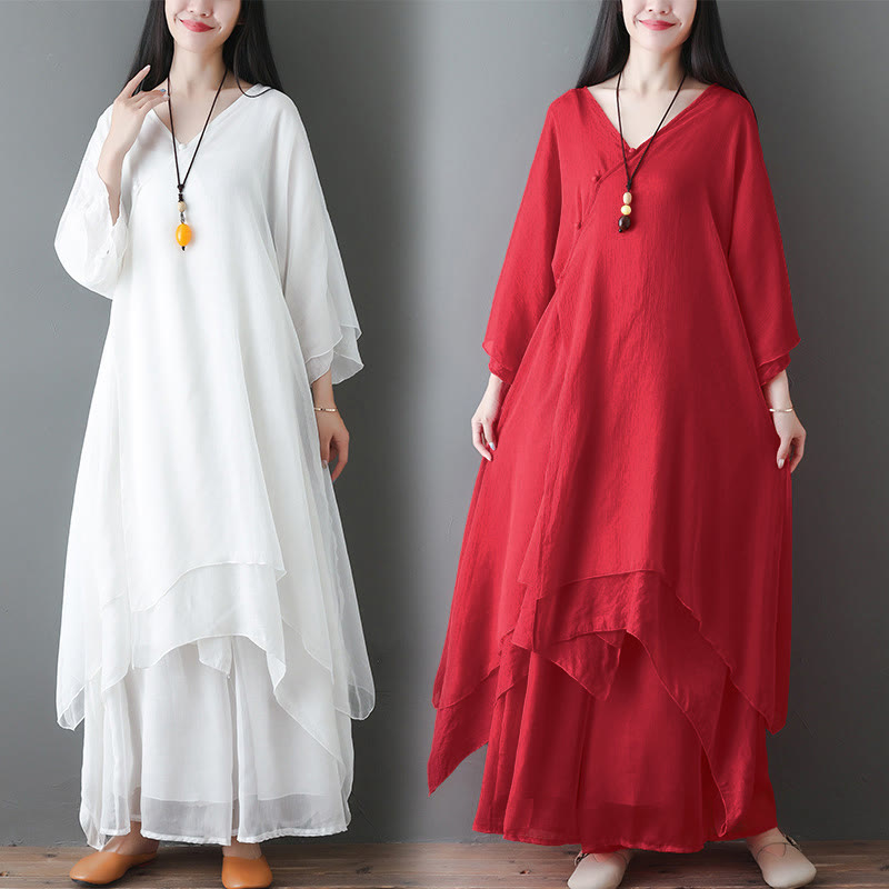 Nimara Ritual V-Neck Midi Tunic Dress Wide Leg Pants Meditation Zen Practice Dance Clothing