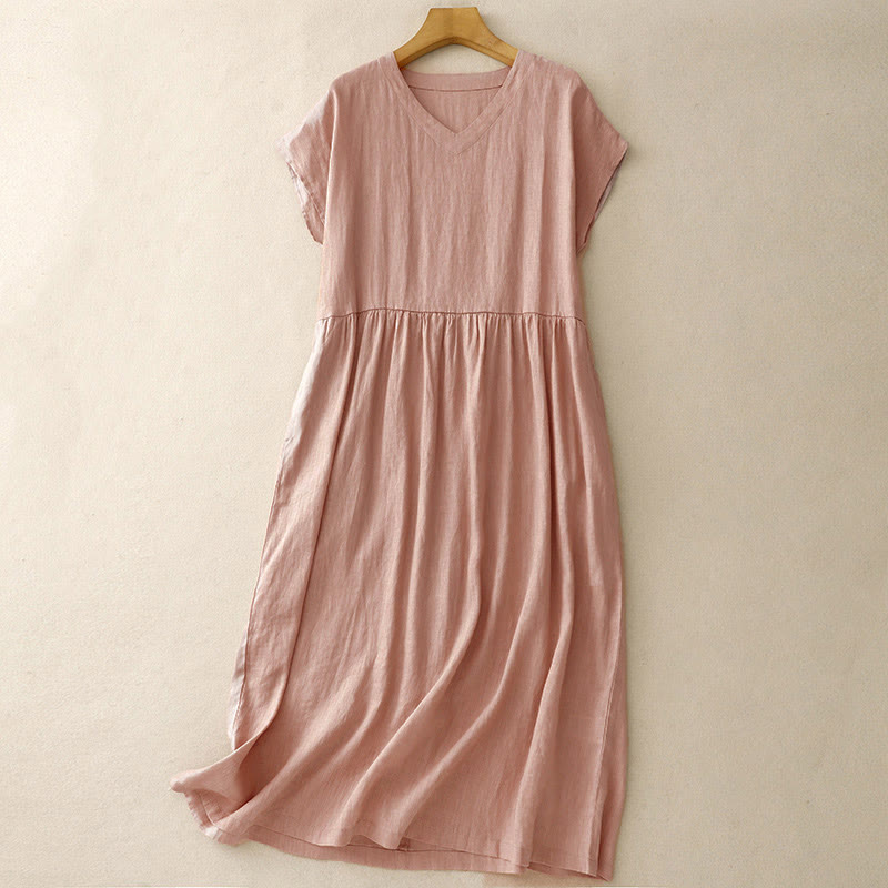 Nimara Ritual Casual Artistic Solid Color Simple Design High Waist Short Sleeve Midi Dress With Pockets