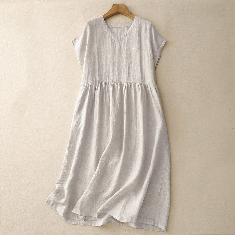 Nimara Ritual Casual Artistic Solid Color Simple Design High Waist Short Sleeve Midi Dress With Pockets