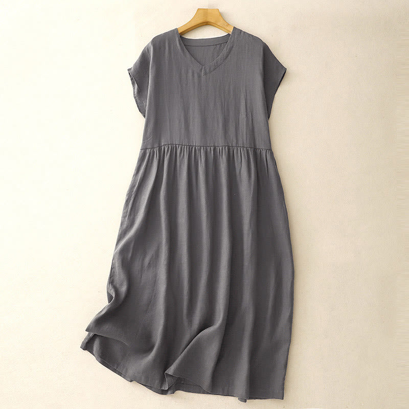 Nimara Ritual Casual Artistic Solid Color Simple Design High Waist Short Sleeve Midi Dress With Pockets