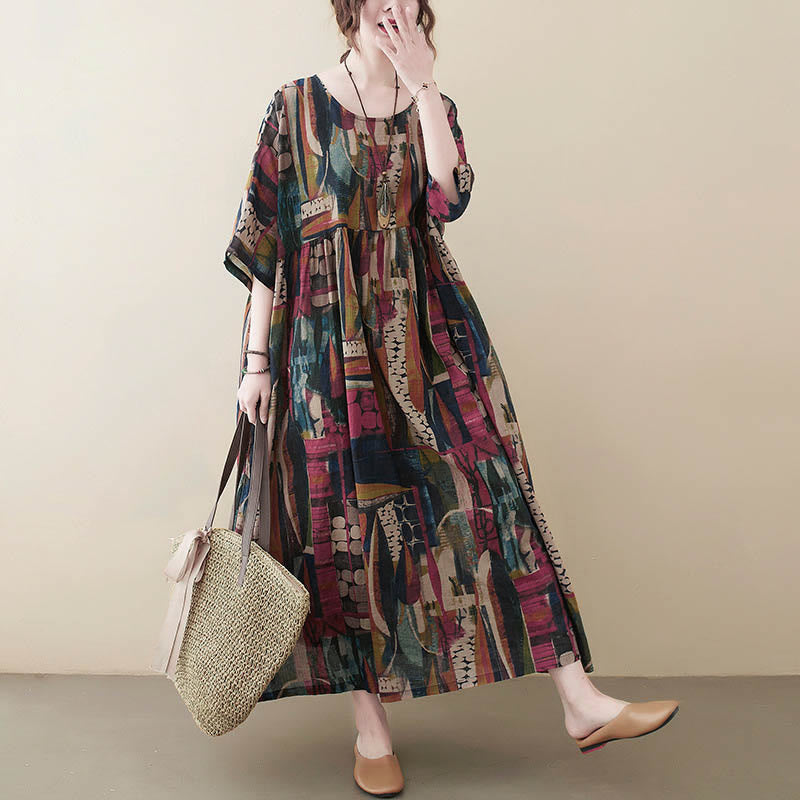Nimara Ritual Colorful Graphics Midi Dress Half Sleeve Tunic Dress With Pockets