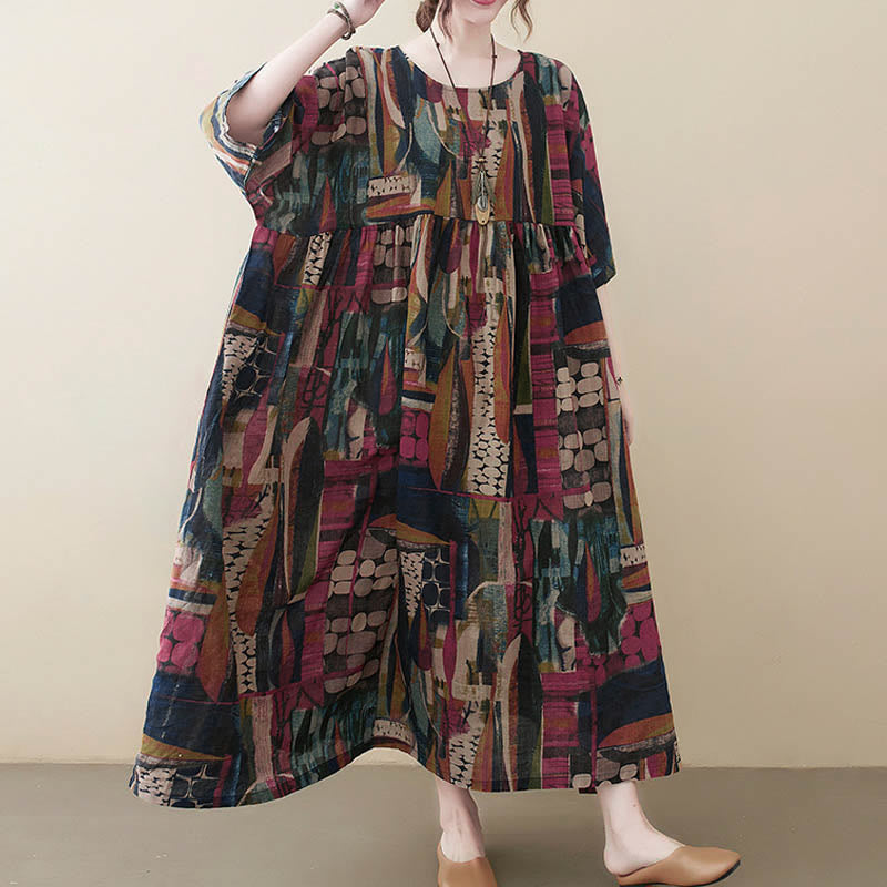 Nimara Ritual Colorful Graphics Midi Dress Half Sleeve Tunic Dress With Pockets