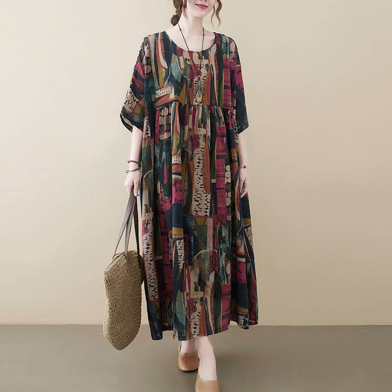 Nimara Ritual Colorful Graphics Midi Dress Half Sleeve Tunic Dress With Pockets
