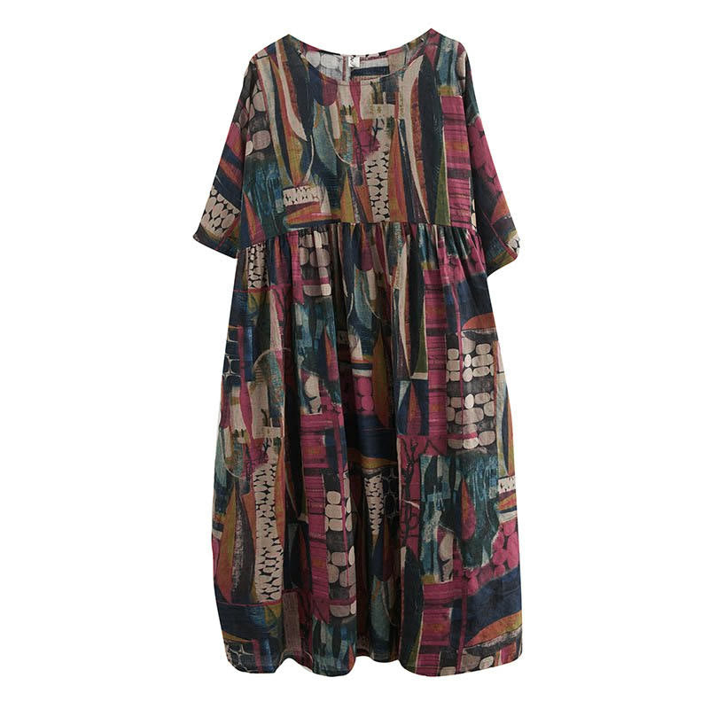 Nimara Ritual Colorful Graphics Midi Dress Half Sleeve Tunic Dress With Pockets