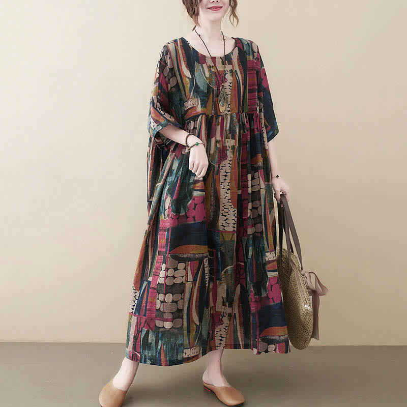 Nimara Ritual Colorful Graphics Midi Dress Half Sleeve Tunic Dress With Pockets