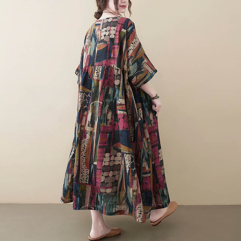 Nimara Ritual Colorful Graphics Midi Dress Half Sleeve Tunic Dress With Pockets