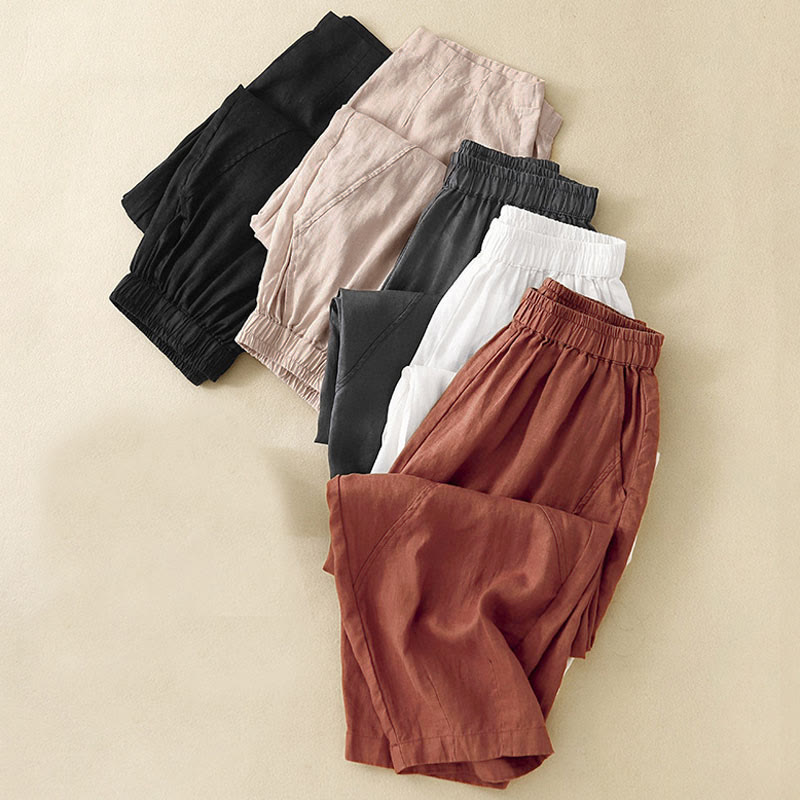 Nimara Ritual Casual Plain Cropped Pants Women's Linen Harem Pants With Pockets