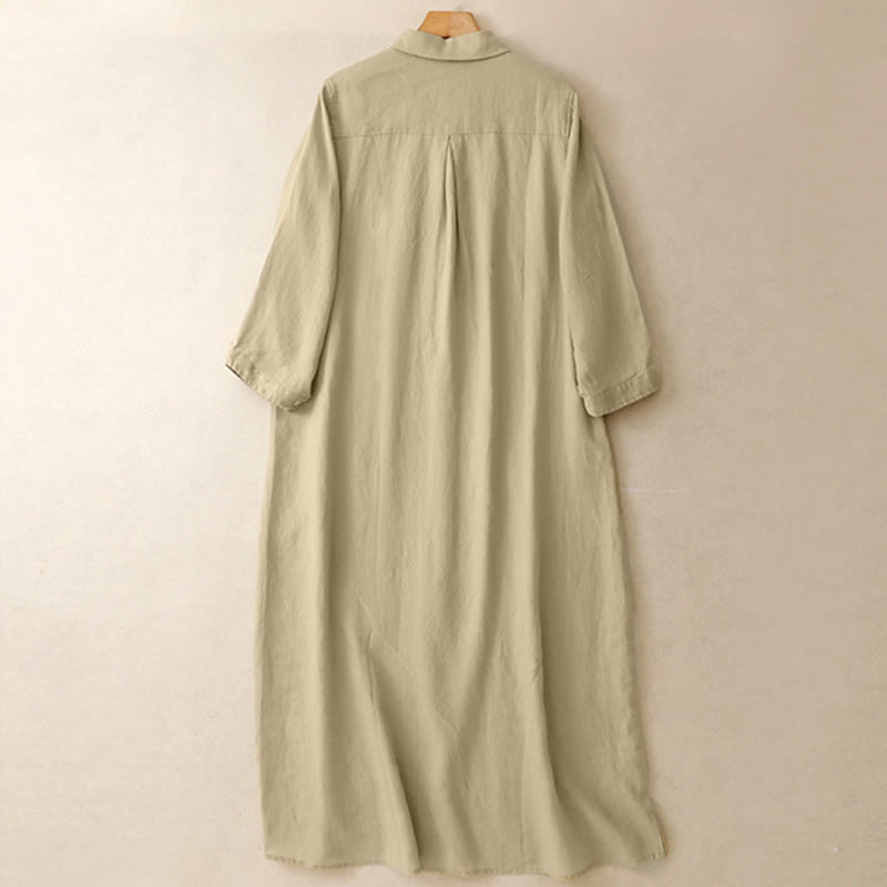 Nimara Ritual Fall Commute Plain Buttons Design Long Sleeve Knee Length Dress With Pockets