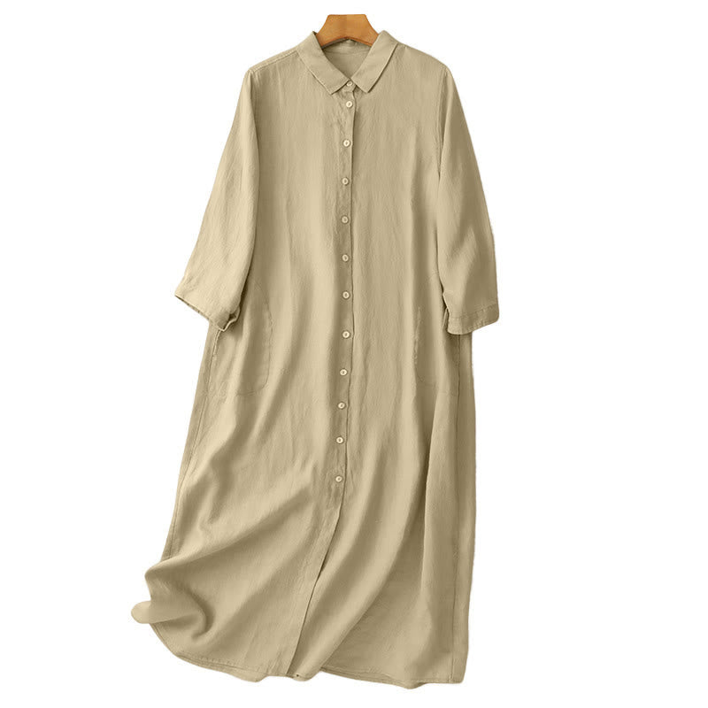 Nimara Ritual Fall Commute Plain Buttons Design Long Sleeve Knee Length Dress With Pockets