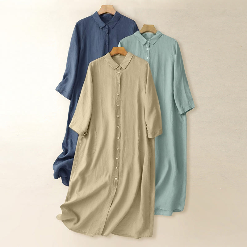 Nimara Ritual Fall Commute Plain Buttons Design Long Sleeve Knee Length Dress With Pockets