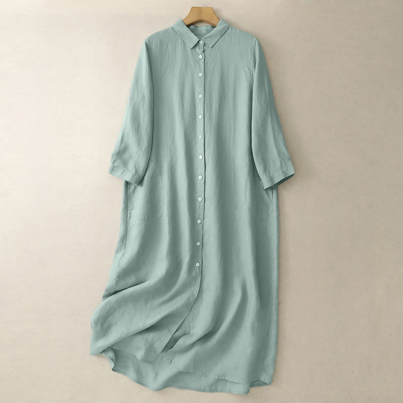 Nimara Ritual Fall Commute Plain Buttons Design Long Sleeve Knee Length Dress With Pockets