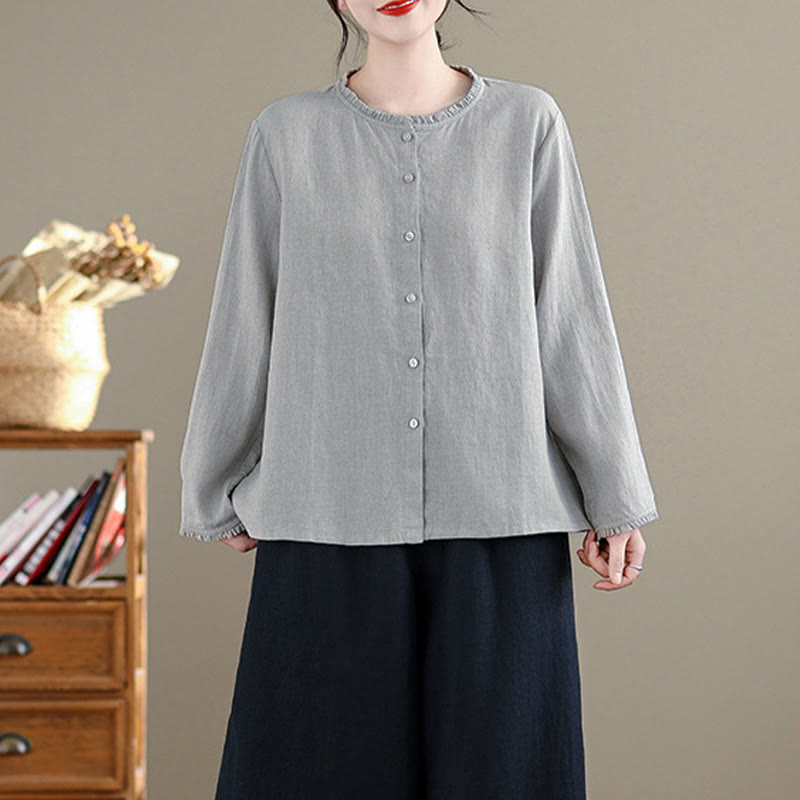 Nimara Ritual Spring Solid Color Buttons Design Ruffled Crew Neck Women's Shirt