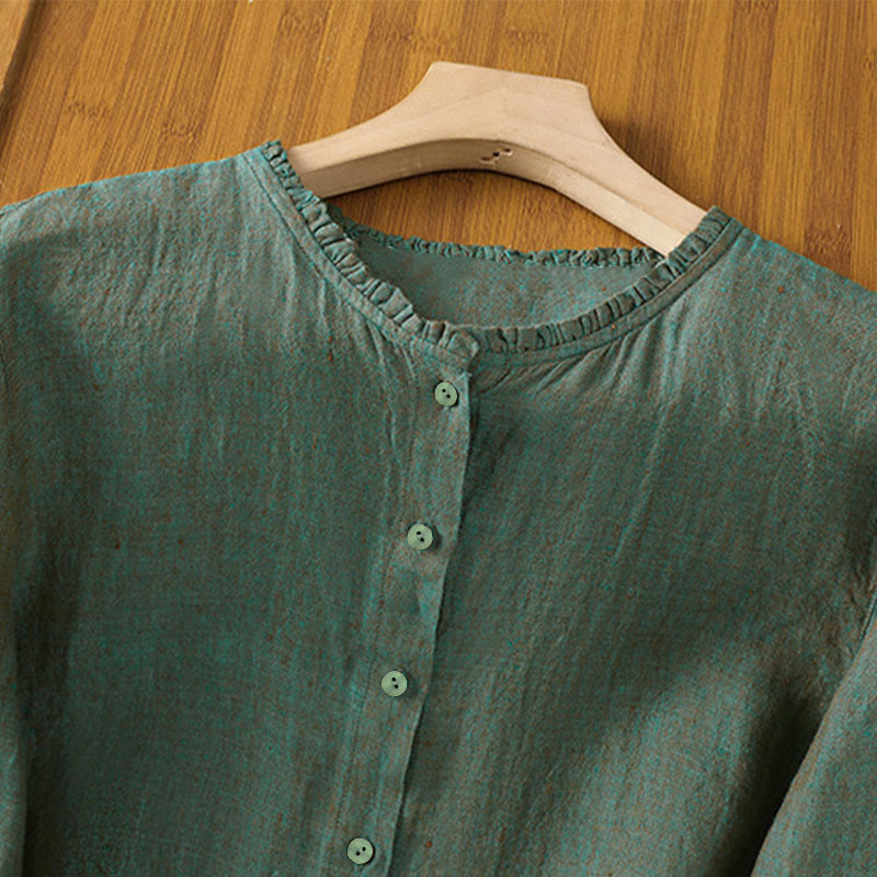 Nimara Ritual Spring Solid Color Buttons Design Ruffled Crew Neck Women's Shirt