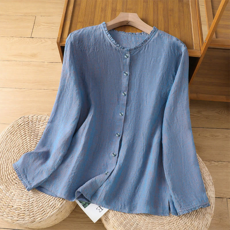 Nimara Ritual Spring Solid Color Buttons Design Ruffled Crew Neck Women's Shirt