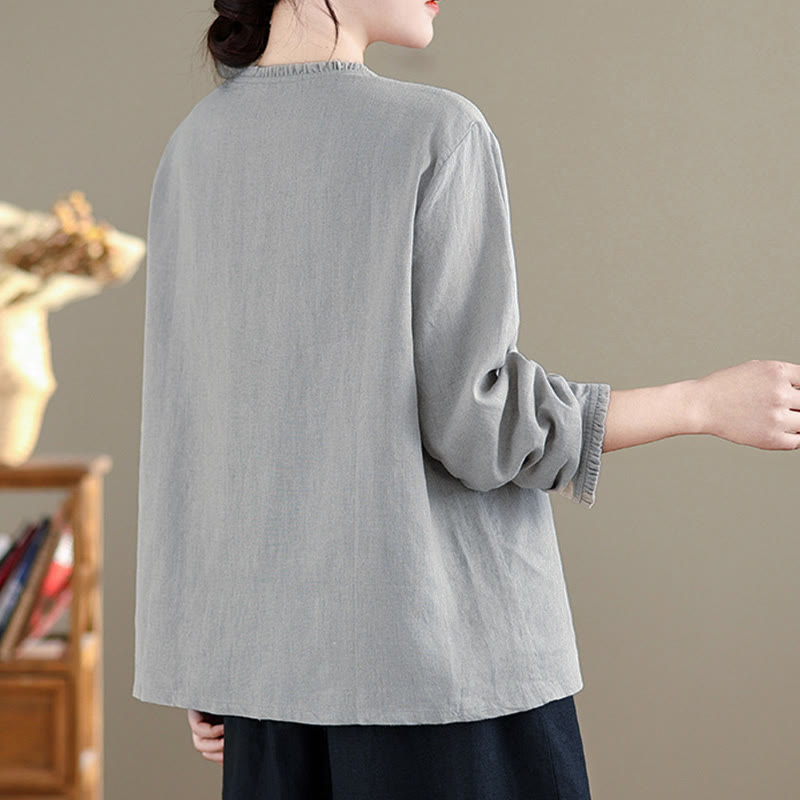 Nimara Ritual Spring Solid Color Buttons Design Ruffled Crew Neck Women's Shirt