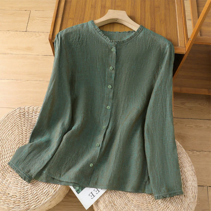 Nimara Ritual Spring Solid Color Buttons Design Ruffled Crew Neck Women's Shirt