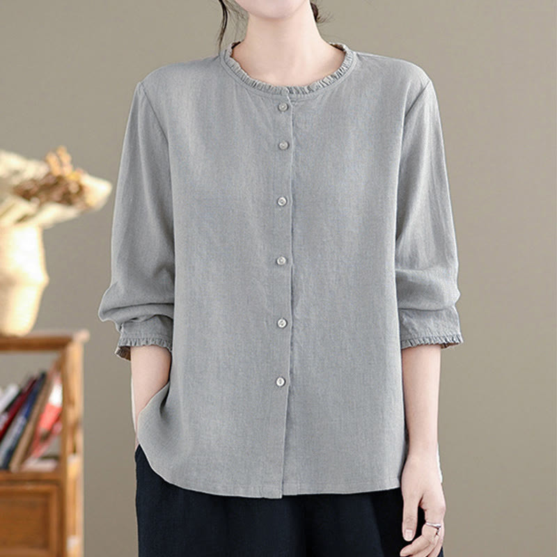 Nimara Ritual Spring Solid Color Buttons Design Ruffled Crew Neck Women's Shirt