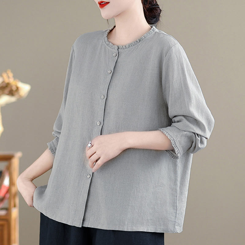 Nimara Ritual Spring Solid Color Buttons Design Ruffled Crew Neck Women's Shirt