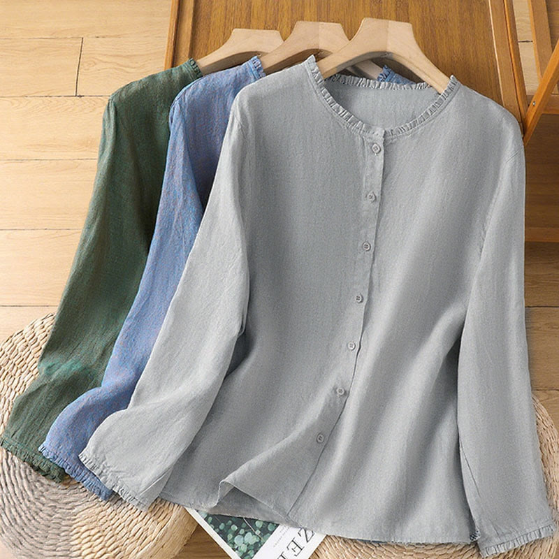 Nimara Ritual Spring Solid Color Buttons Design Ruffled Crew Neck Women's Shirt