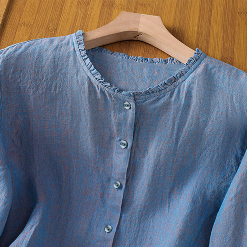 Nimara Ritual Spring Solid Color Buttons Design Ruffled Crew Neck Women's Shirt