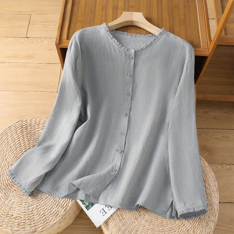Nimara Ritual Spring Solid Color Buttons Design Ruffled Crew Neck Women's Shirt