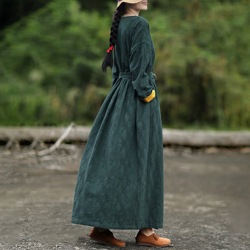 Nimara Ritual Frog-Button Plain V-Neck Long Sleeve Cotton Linen Midi Dress With Pockets