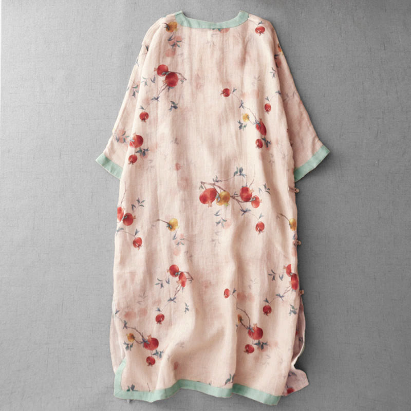 Nimara Ritual Frog-Button Orchid Pomegranate Flowers Pattern Side Slit Design Half Sleeve Midi Dress