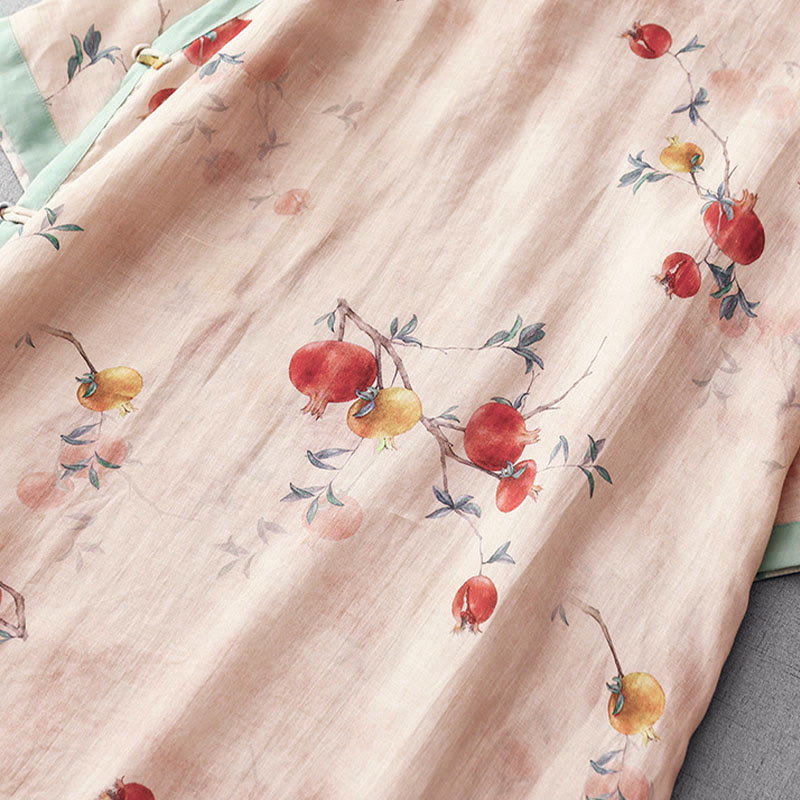 Nimara Ritual Frog-Button Orchid Pomegranate Flowers Pattern Side Slit Design Half Sleeve Midi Dress