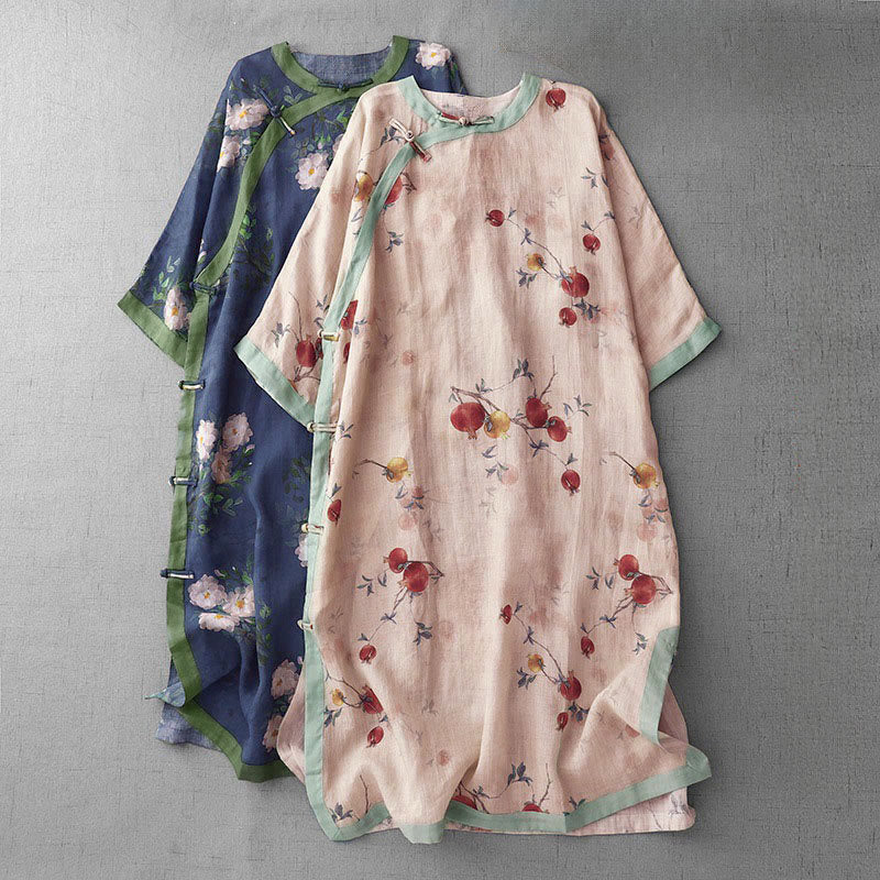 Nimara Ritual Frog-Button Orchid Pomegranate Flowers Pattern Side Slit Design Half Sleeve Midi Dress