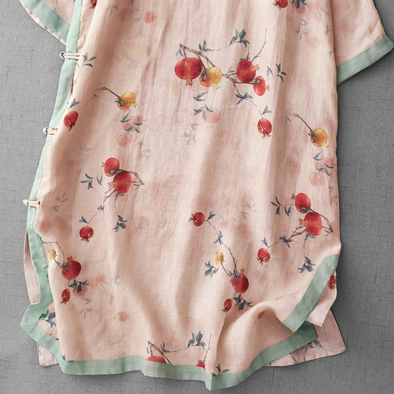 Nimara Ritual Frog-Button Orchid Pomegranate Flowers Pattern Side Slit Design Half Sleeve Midi Dress