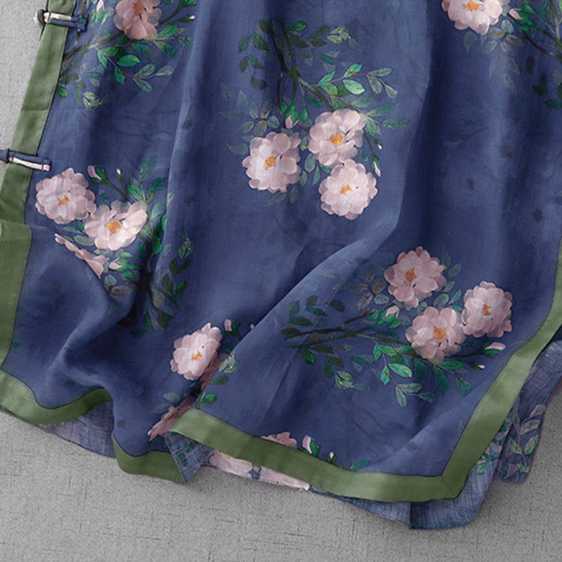 Nimara Ritual Frog-Button Orchid Pomegranate Flowers Pattern Side Slit Design Half Sleeve Midi Dress