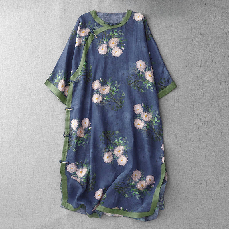 Nimara Ritual Frog-Button Orchid Pomegranate Flowers Pattern Side Slit Design Half Sleeve Midi Dress