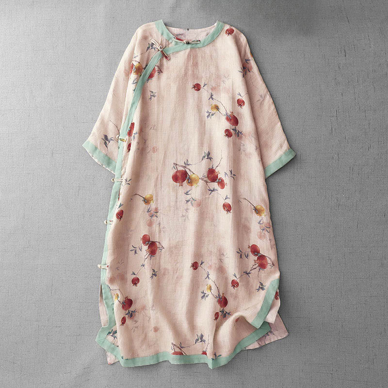 Nimara Ritual Frog-Button Orchid Pomegranate Flowers Pattern Side Slit Design Half Sleeve Midi Dress