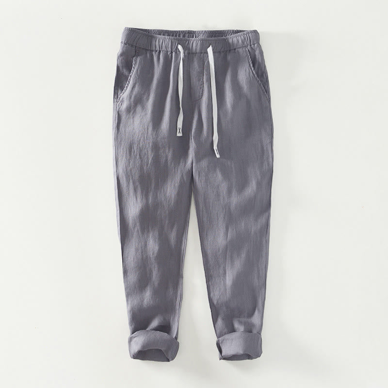 Nimara Ritual Fall Solid Drawstring Elastic Waist Men's Linen Ankle-Length Pants With Pockets