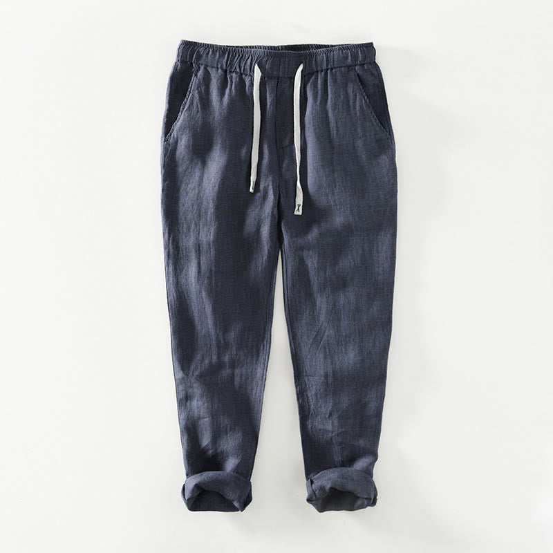Nimara Ritual Fall Solid Drawstring Elastic Waist Men's Linen Ankle-Length Pants With Pockets