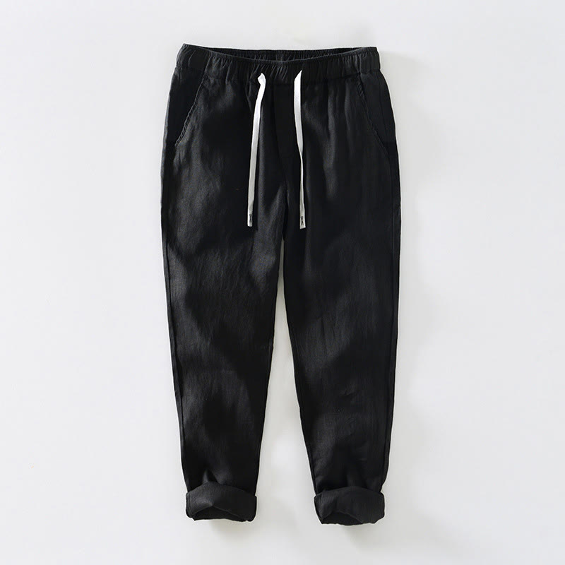 Nimara Ritual Fall Solid Drawstring Elastic Waist Men's Linen Ankle-Length Pants With Pockets