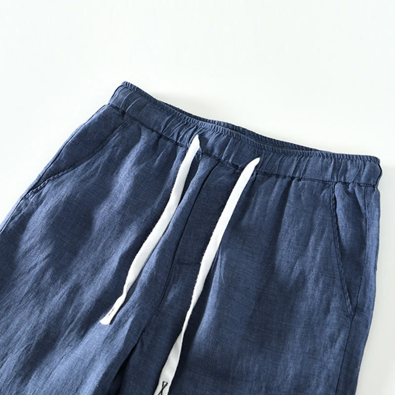 Nimara Ritual Fall Solid Drawstring Elastic Waist Men's Linen Ankle-Length Pants With Pockets