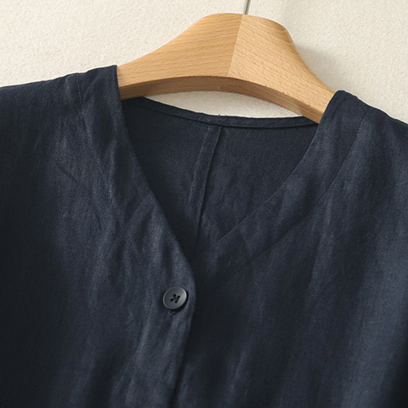 Nimara Ritual Summer Solid Color V-Neck Buttons Simple Design Women's Short Sleeve Shirt