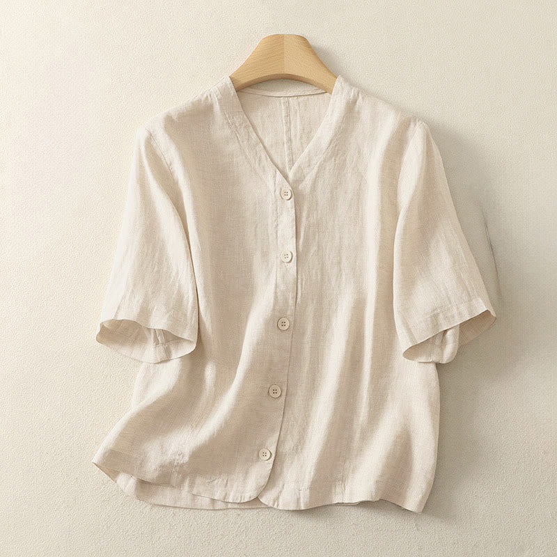 Nimara Ritual Summer Solid Color V-Neck Buttons Simple Design Women's Short Sleeve Shirt