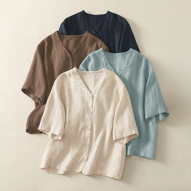Nimara Ritual Summer Solid Color V-Neck Buttons Simple Design Women's Short Sleeve Shirt
