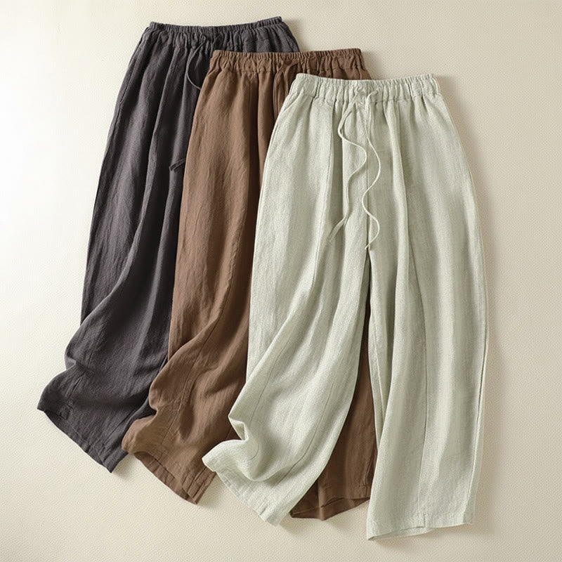 Nimara Ritual Summer Casual Drawstring Solid Linen Ankle Pants Women's Wide Leg Pants With Pocket